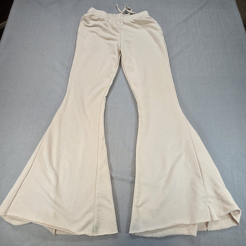 Unbranded Flare Leg Sweatpants Womens S Beige High Rise Raw Hem Wide Leg Boho - Picture 1 of 7